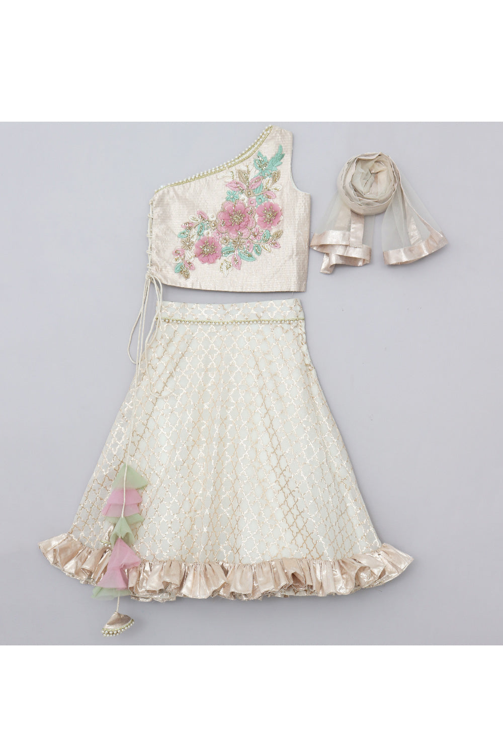 Off White And Golden Floral Embroidered One Shoulder Top With