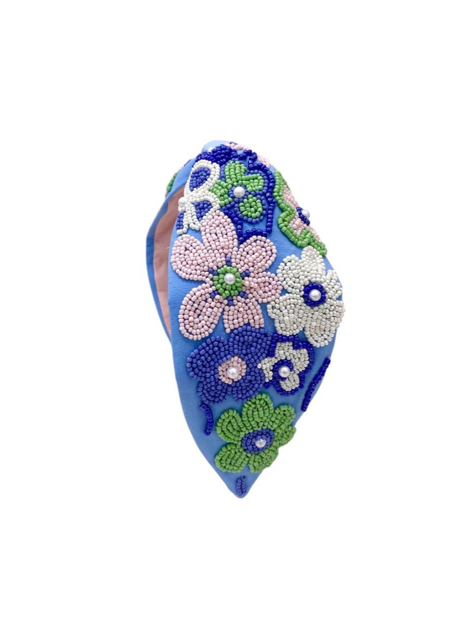 Blue Flower Beads Embroidered Hairband