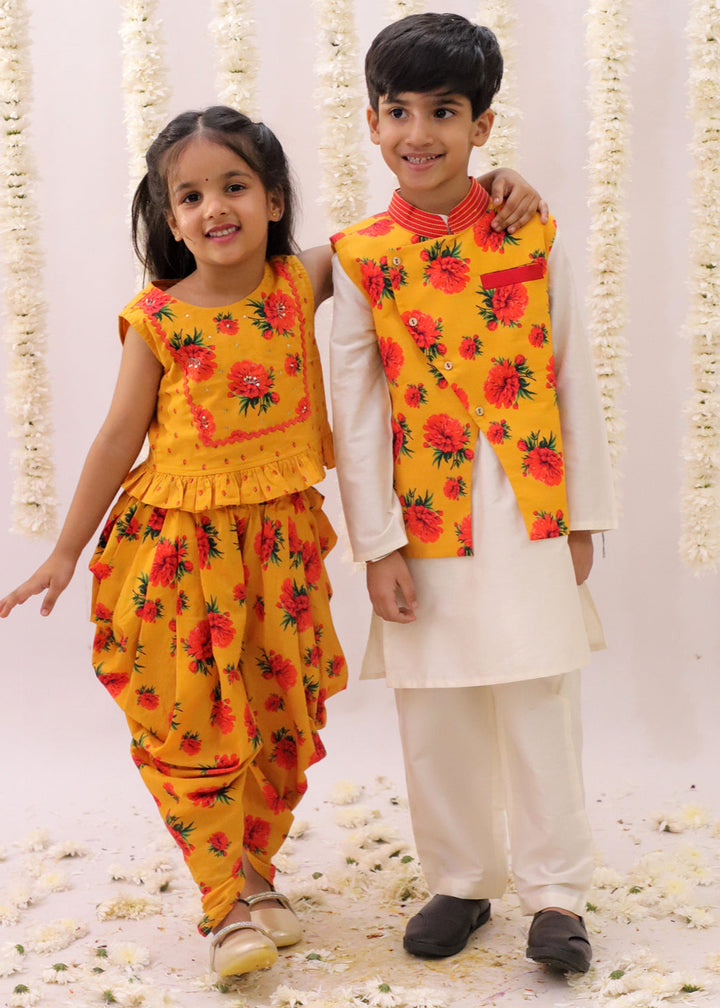 Genda Phool Mustard Floral Printed Crop Top With Dhoti Set