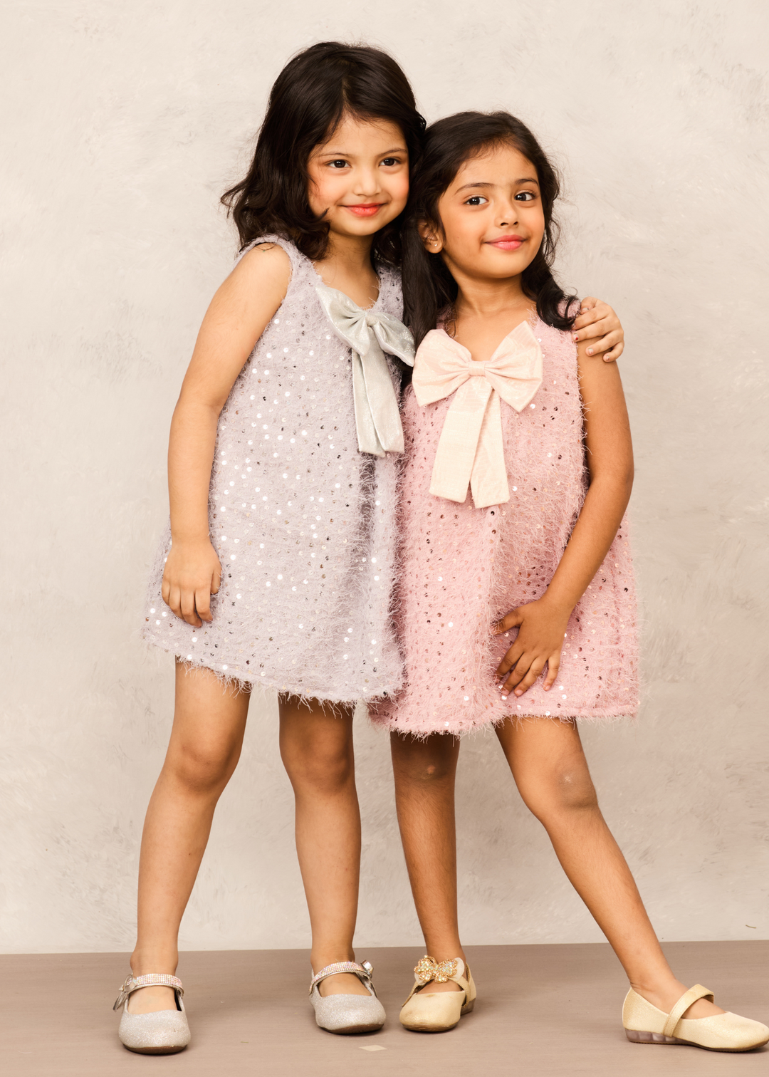 Old Rose Sequence With Bow Detailing A Line Dress