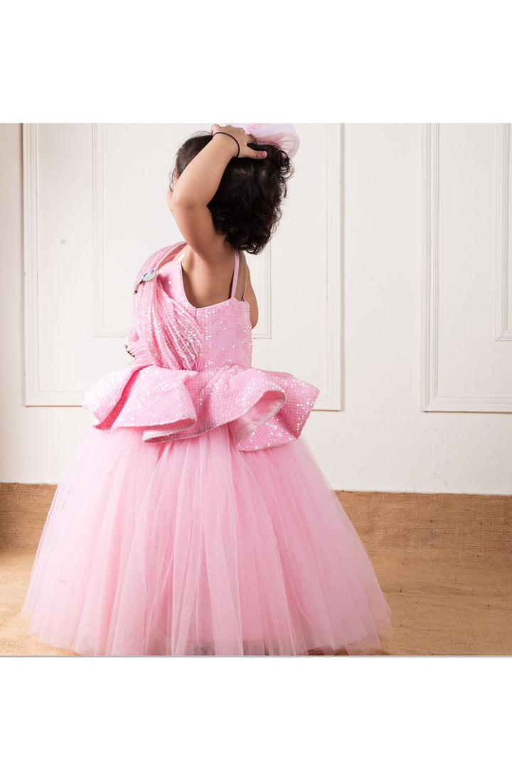 Pink Net Sequins Draped Butterfly Gown