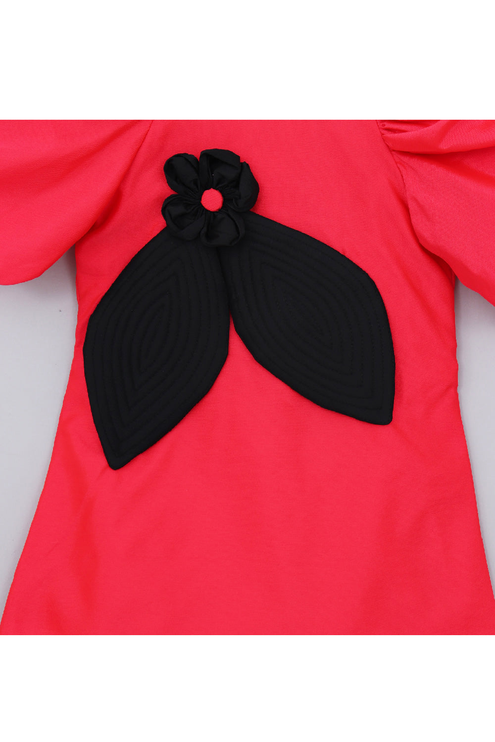 Pink Flower And Leaves Detailing Puff Sleeves Dress