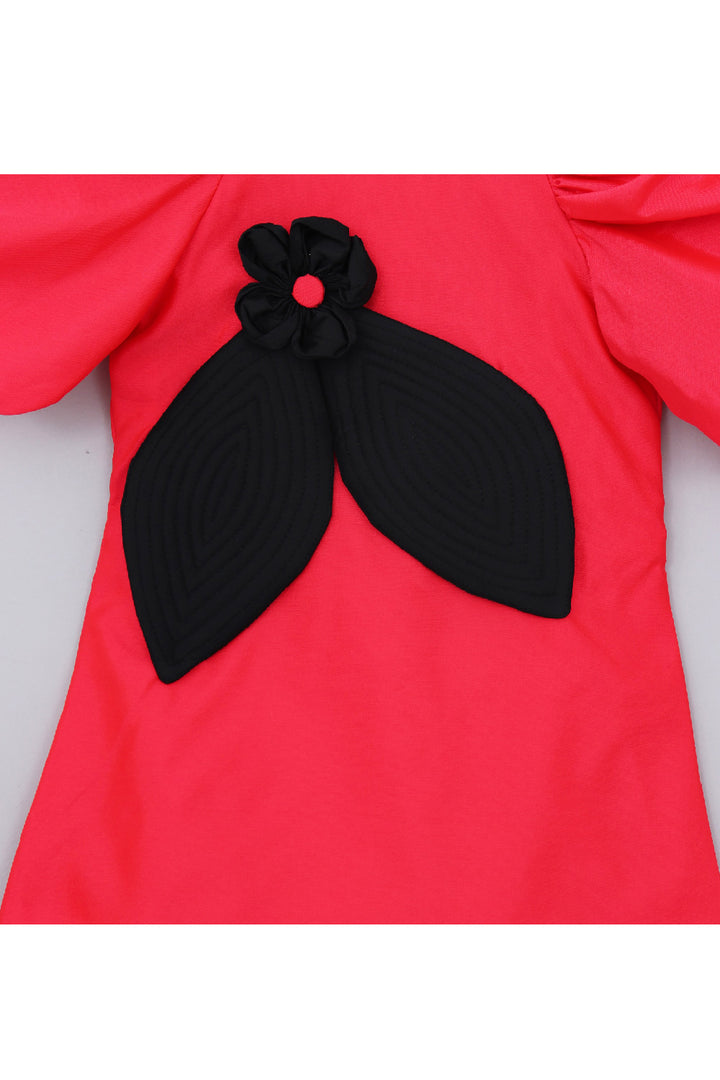 Pink Flower And Leaves Detailing Puff Sleeves Dress