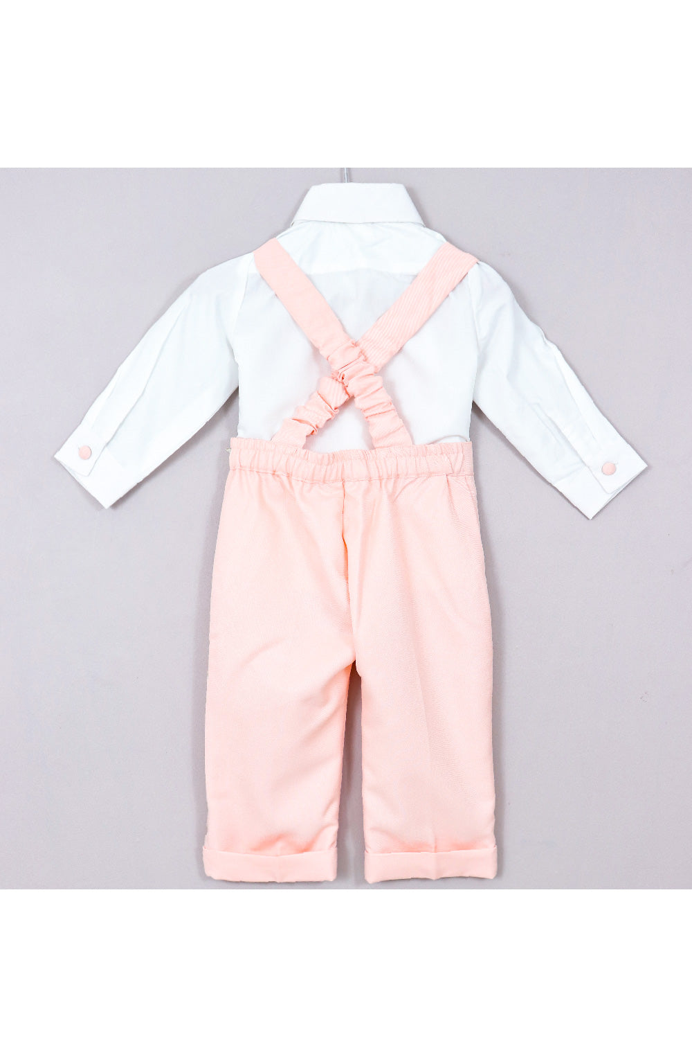 White Cotton Shirt With Peach Crown Embroidered Suspender Set