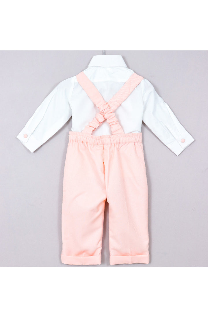 White Cotton Shirt With Peach Crown Embroidered Suspender Set