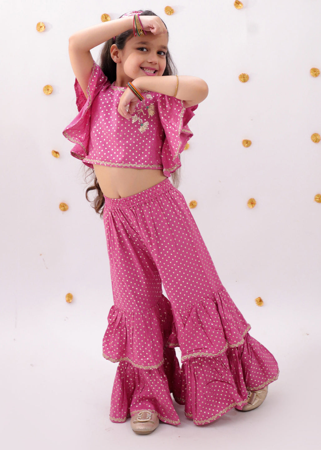 Pink Heart Pattern Foil Printed Crop Top With Flare Pant Set