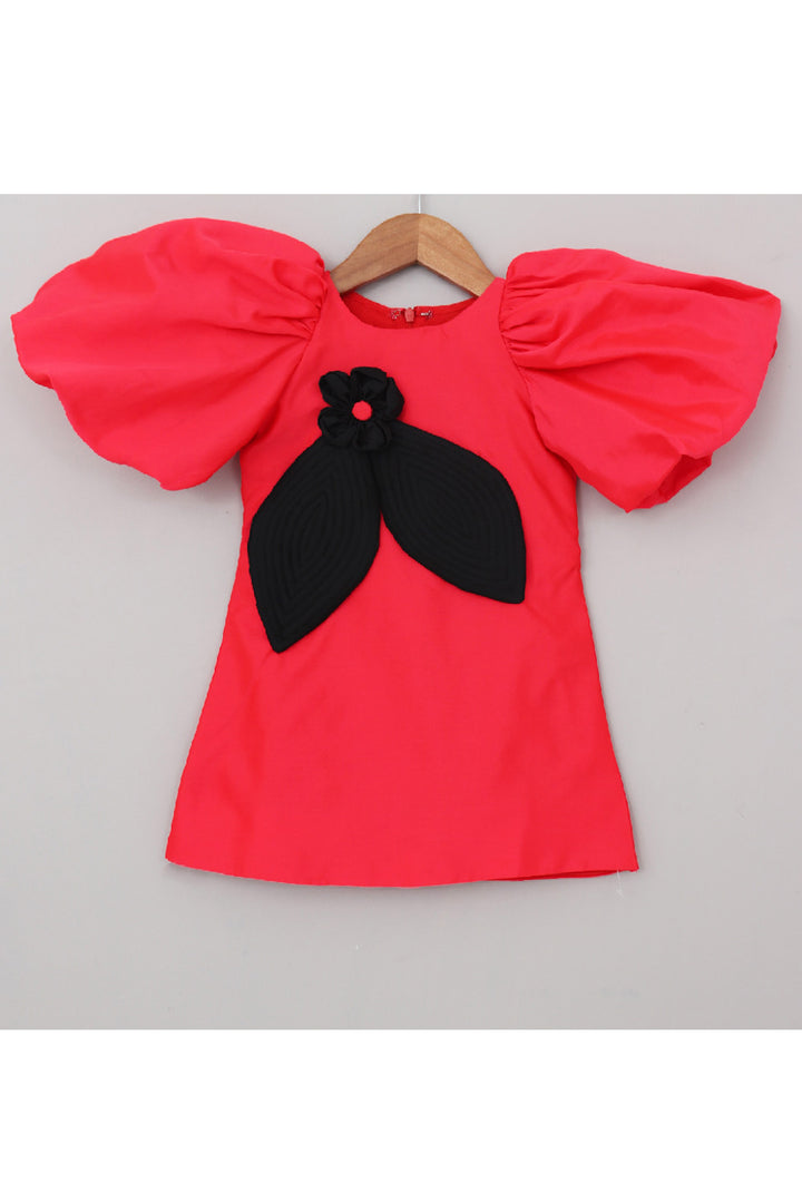 Pink Flower And Leaves Detailing Puff Sleeves Dress