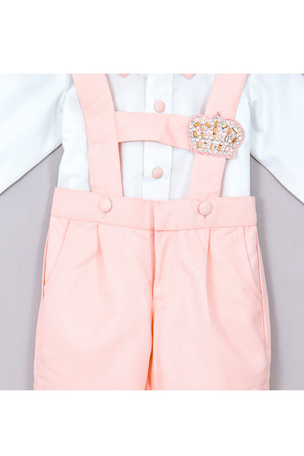 White Cotton Shirt With Peach Crown Embroidered Suspender Set