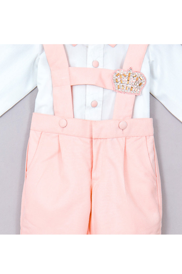 White Cotton Shirt With Peach Crown Embroidered Suspender Set