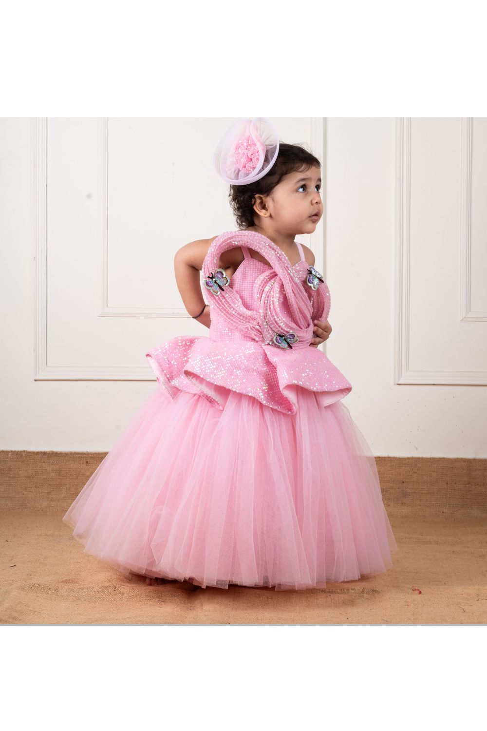Pink Net Sequins Draped Butterfly Gown