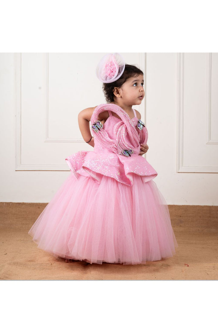 Pink Net Sequins Draped Butterfly Gown