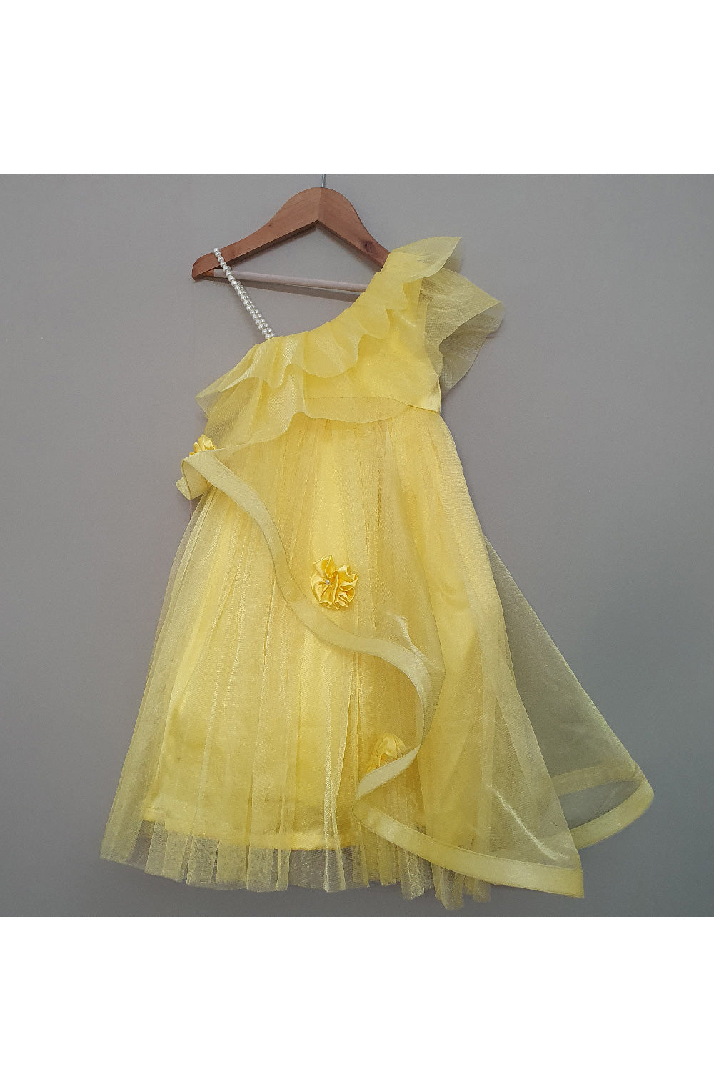 Yellow One Shoulder Pearl Detailing Net Dress