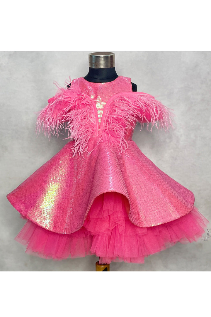 Pink Sequined With Feather Detailing Net Dress