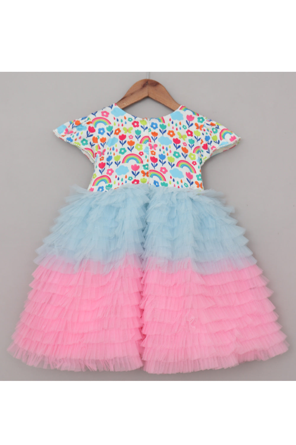 Pink And Blue Rainbow And Cloud Printed Frill Dress