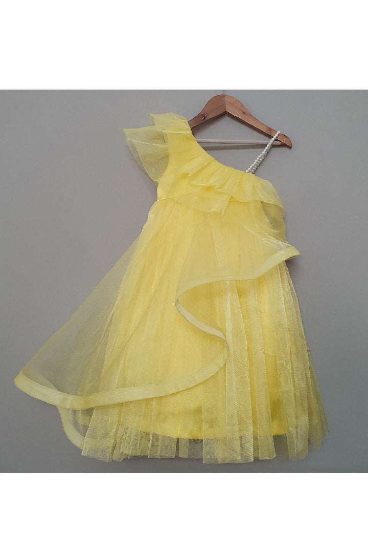 Yellow One Shoulder Pearl Detailing Net Dress
