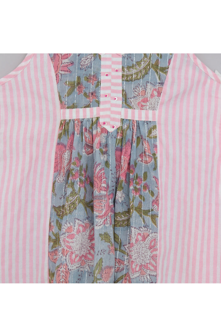 Blue And Pink Floral Printed Pure Cotton Dress With Bloomer