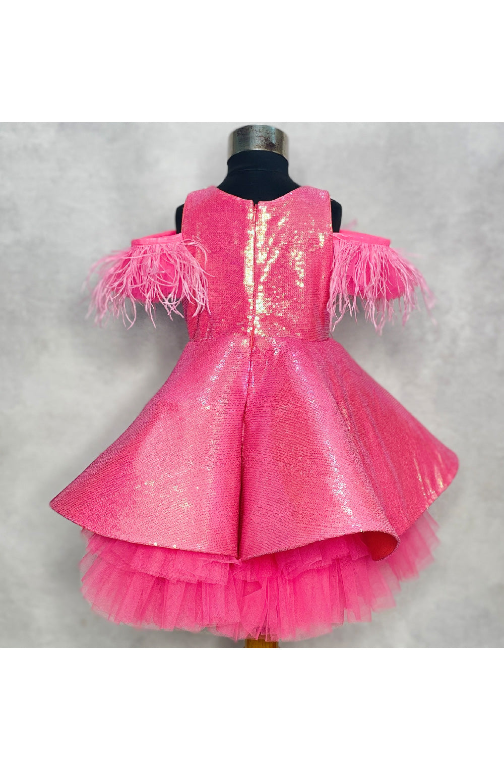 Pink Sequined With Feather Detailing Net Dress