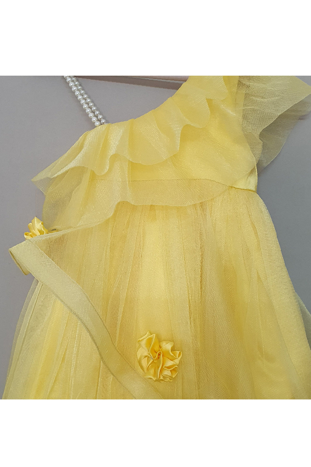 Yellow One Shoulder Pearl Detailing Net Dress