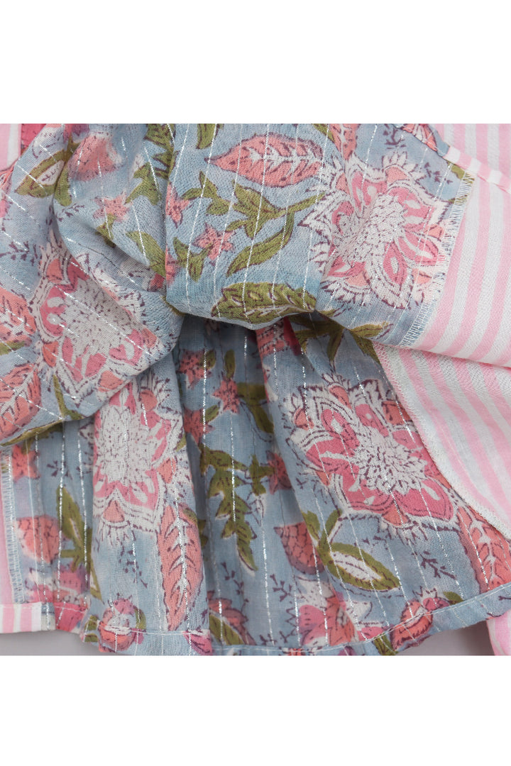 Blue And Pink Floral Printed Pure Cotton Dress With Bloomer
