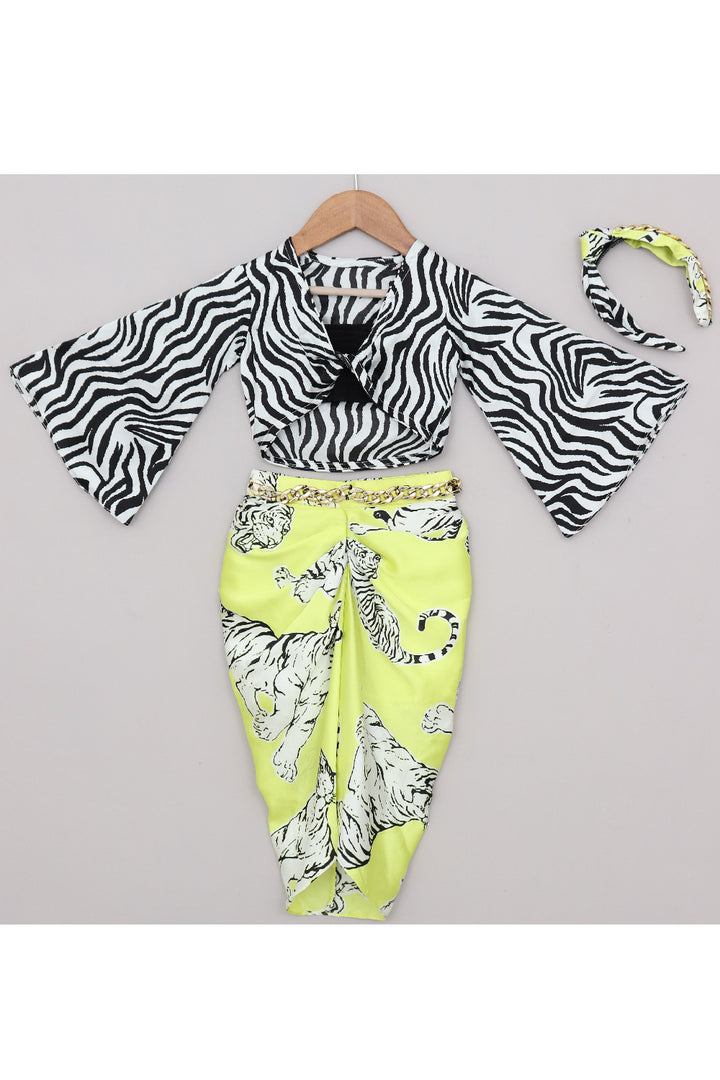 Black And White Animal Printed Shirt With Drape Skirt Set