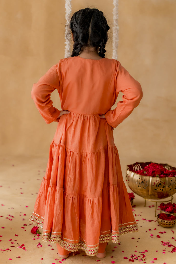 Orange Heart Motifs Meher Tiered Malmal Kurta With Pyjama Set
