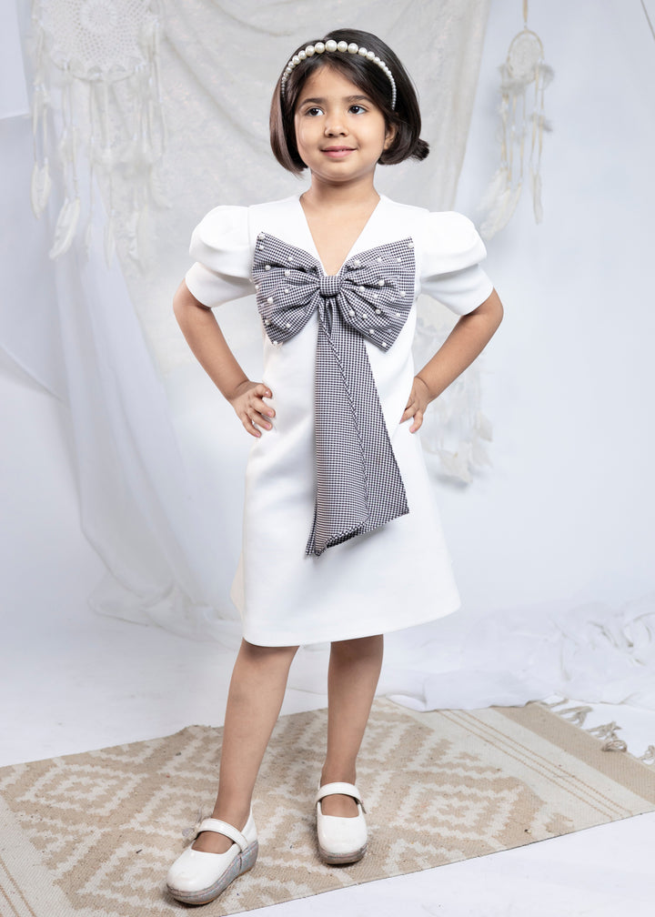 White Light Scuba Bow Chic Dress