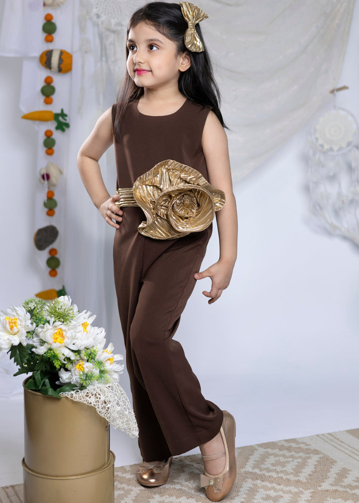 Brown Imported Crepe With Silver Swirl Jumpsuit Set