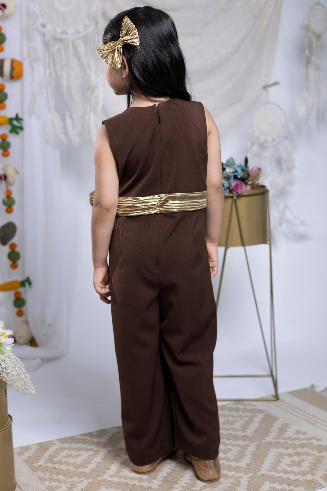 Brown Imported Crepe With Silver Swirl Jumpsuit Set