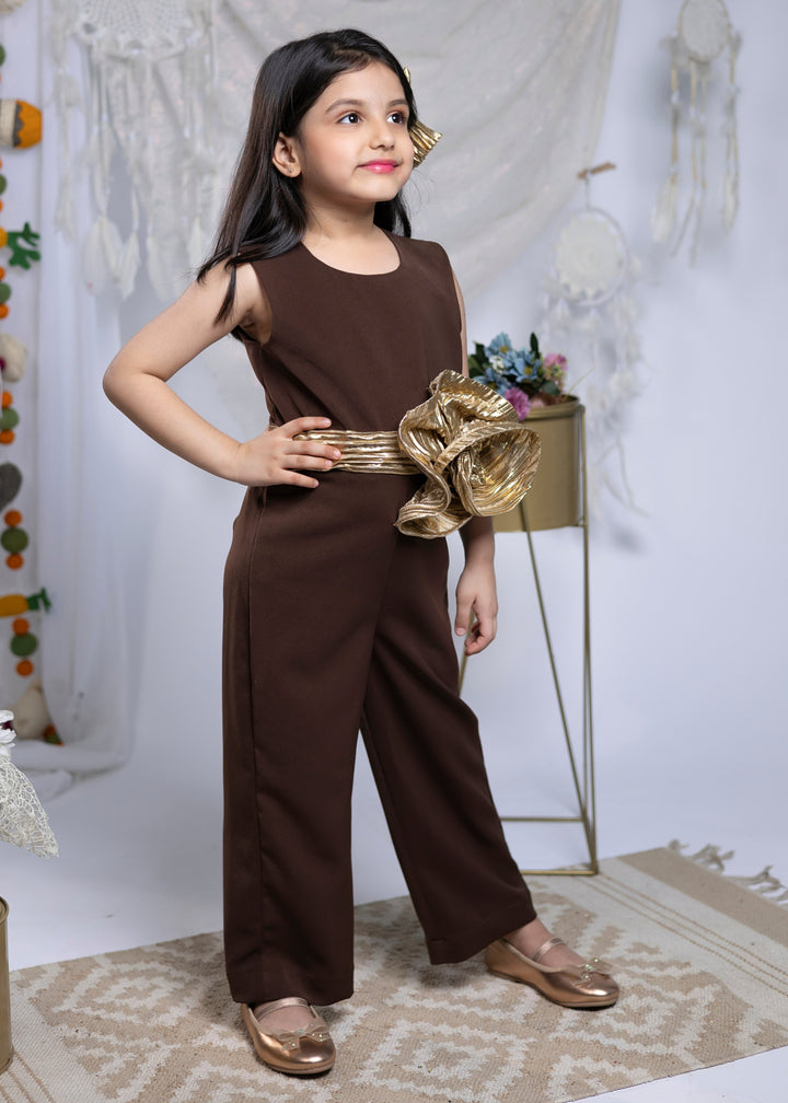 Brown Imported Crepe With Silver Swirl Jumpsuit Set