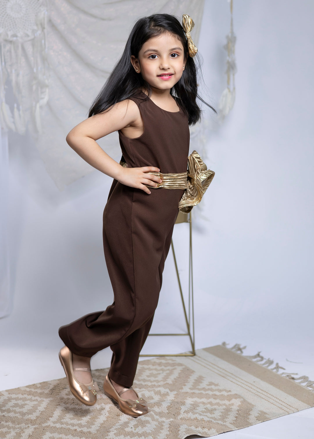 Brown Imported Crepe With Silver Swirl Jumpsuit Set