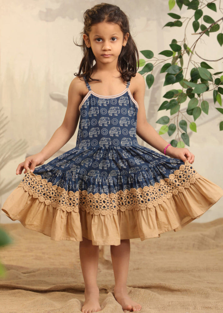 Blue And Beige Elephant Printed Cotton Frock