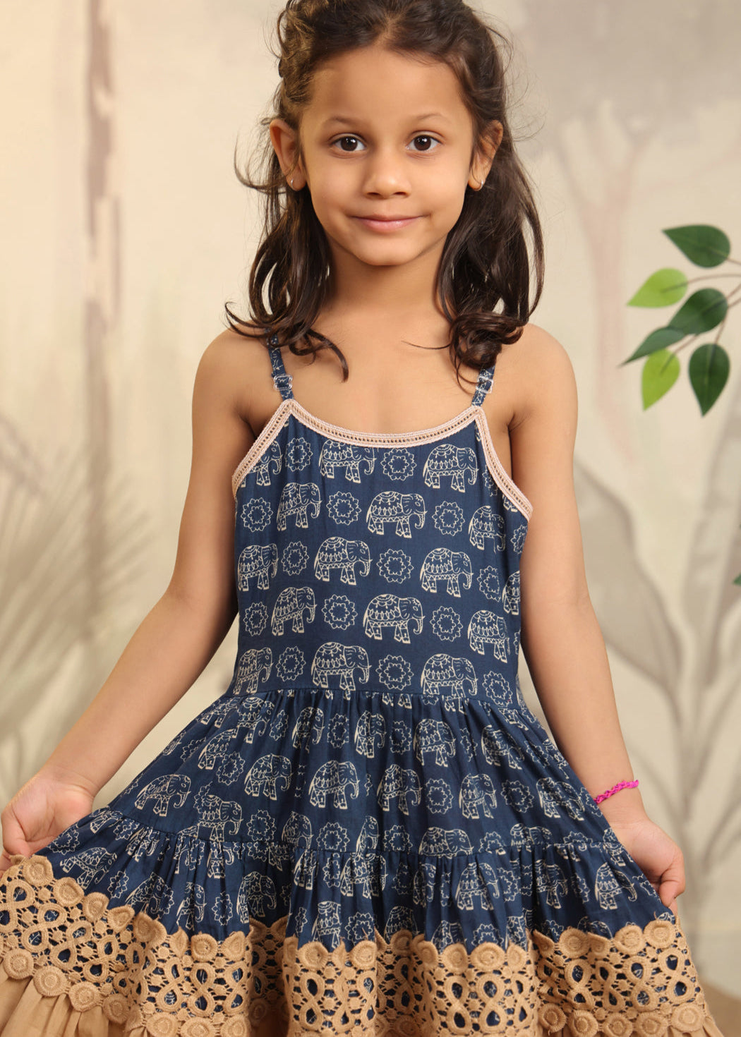 Blue And Beige Elephant Printed Cotton Frock