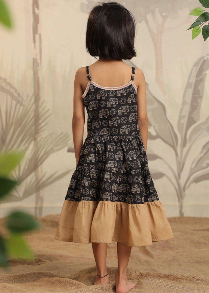 Black And Beige Elephant Printed Cotton Frock