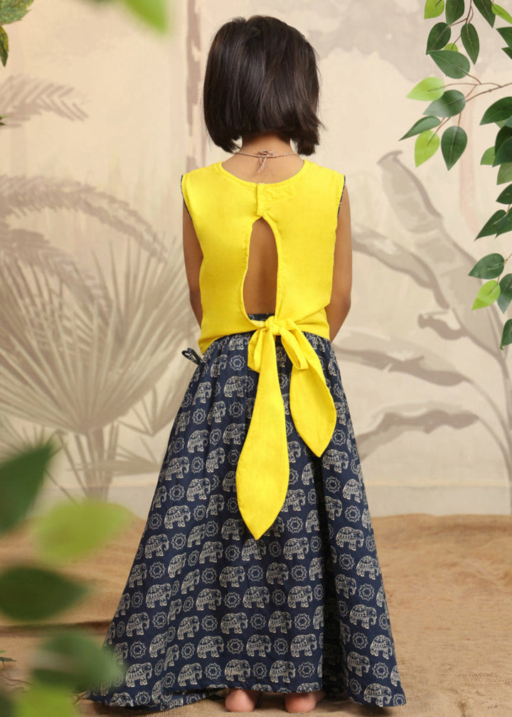 Yellow Cotton Elephant Embroidered Sequins Top With Flared Skirt Set