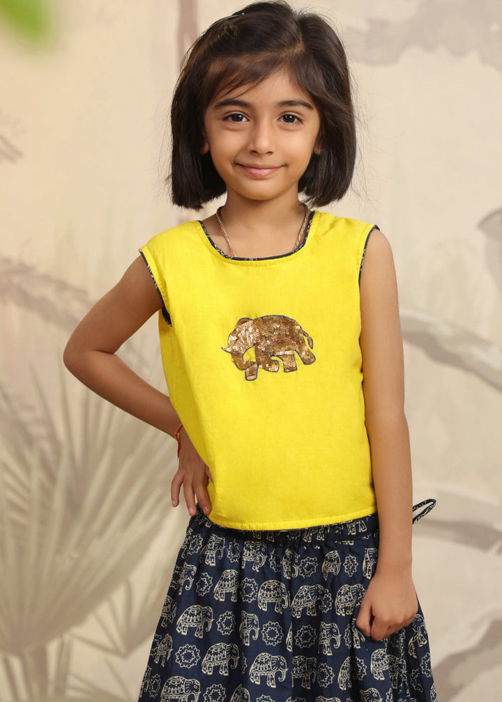 Yellow Cotton Elephant Embroidered Sequins Top With Flared Skirt Set