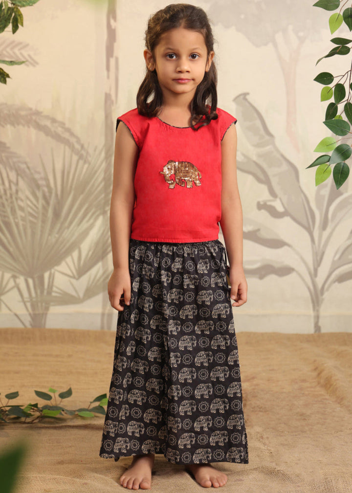 Red Cotton Elephant Embroidered Sequins Top With Flared Skirt Set