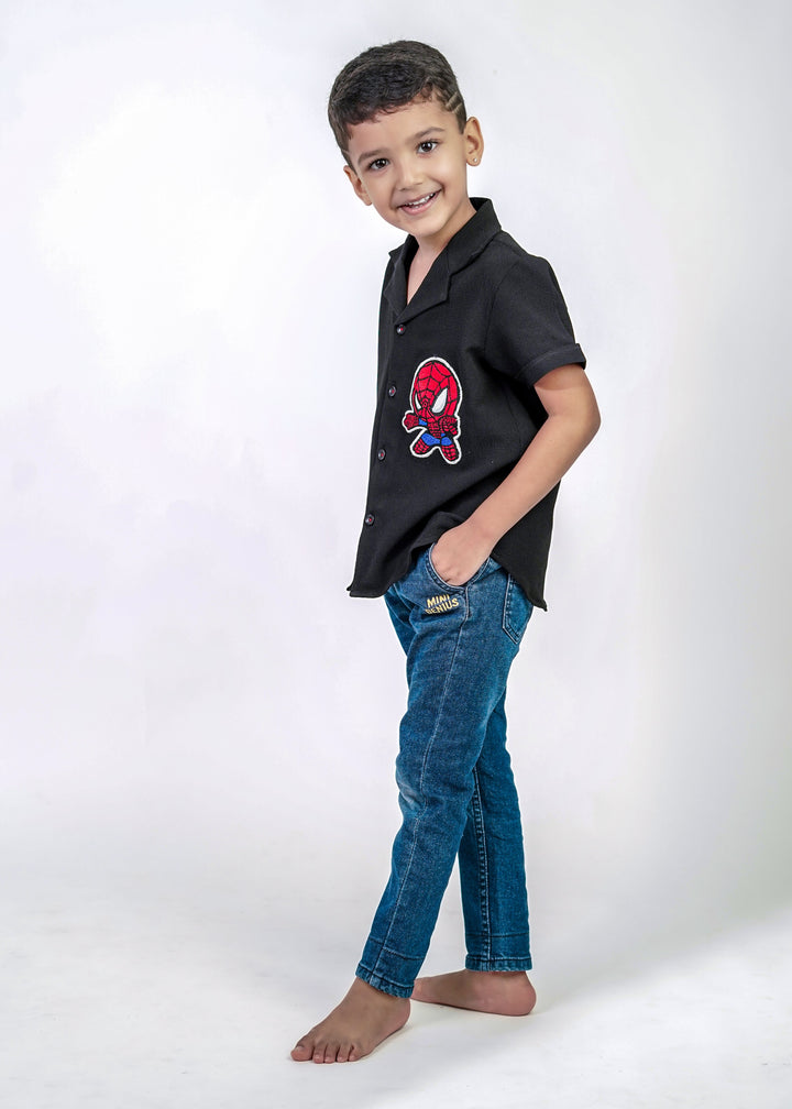 Black Imported Fabric Spiderman Patch Shirt
