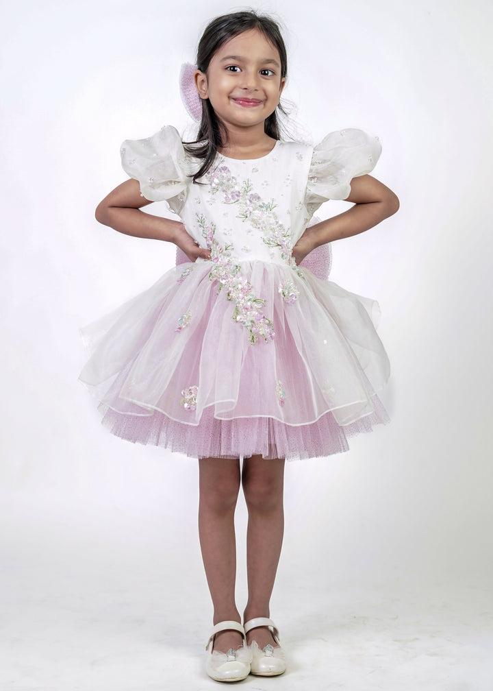 White Organza And Glittery Lilac Net Dress