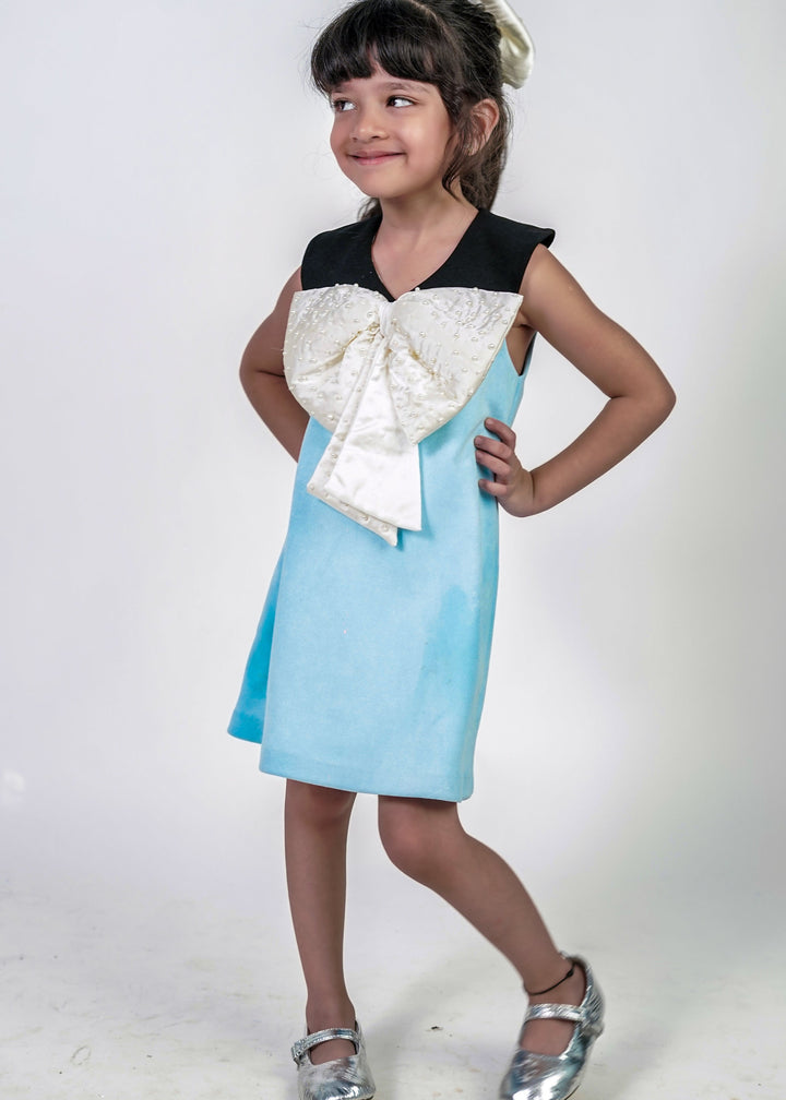 Light Blue With Pearl Work Satin Bow Dress