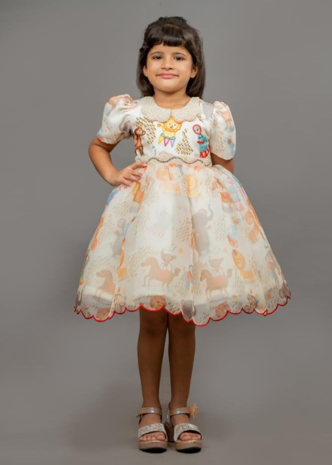 Cream Circus Themed Animal Printed Puff Sleeves Dress
