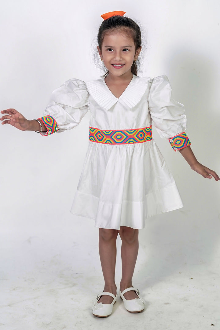 White Pleated With Neon Elastic Waist Collar Dress