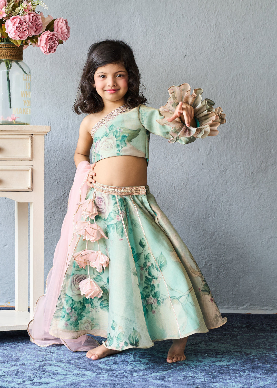 Pastel Green Floral Printed Organza Ghagra Choli With Dupatta Set
