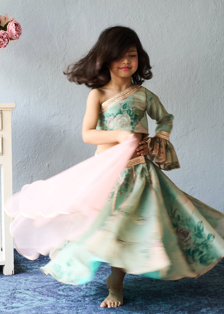 Pastel Green Floral Printed Organza Ghagra Choli With Dupatta Set