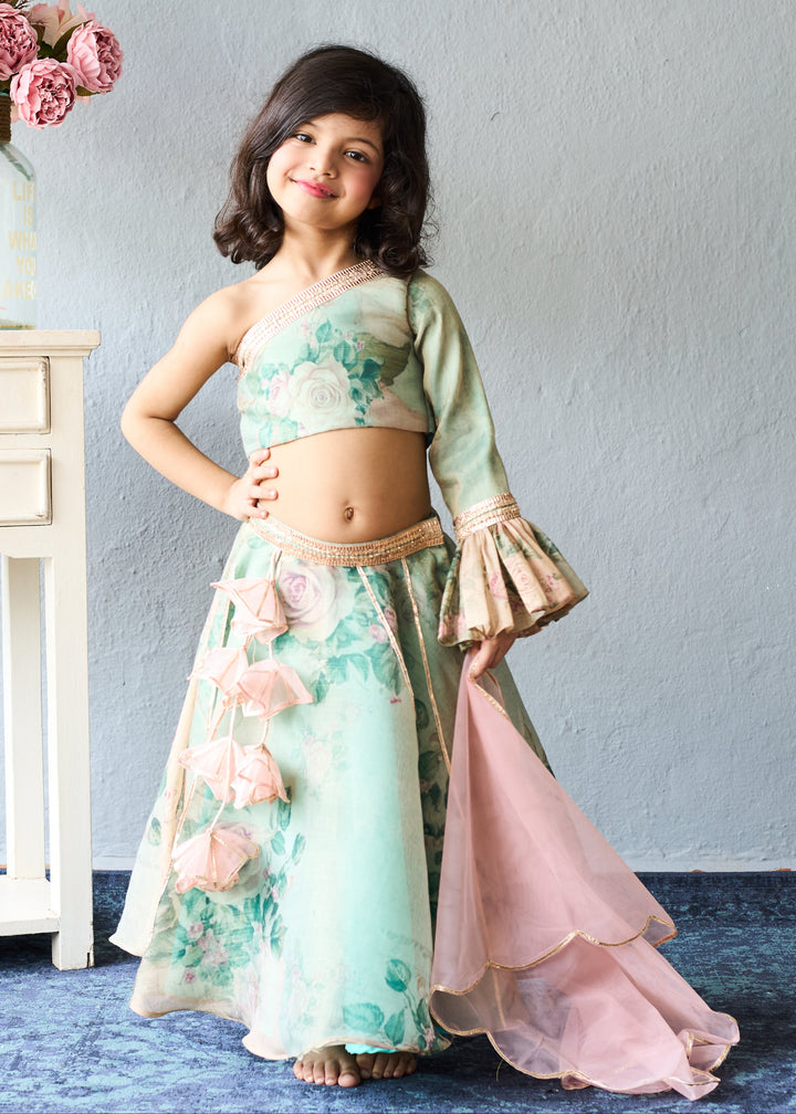 Pastel Green Floral Printed Organza Ghagra Choli With Dupatta Set