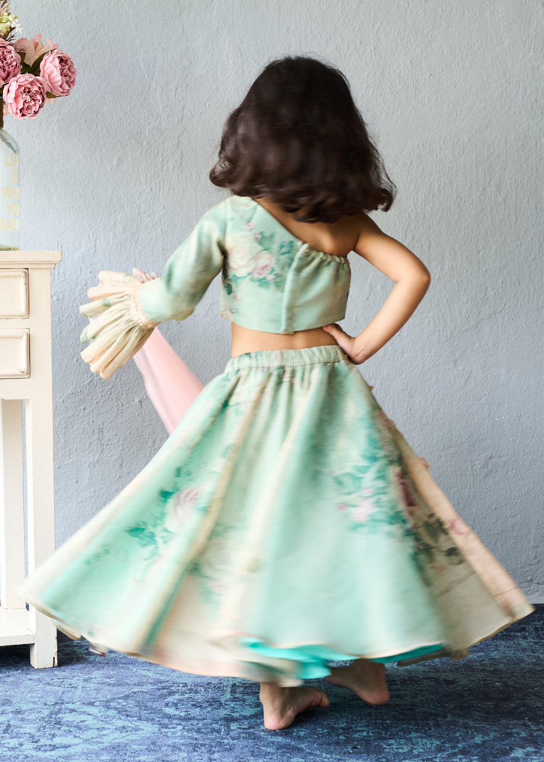 Pastel Green Floral Printed Organza Ghagra Choli With Dupatta Set