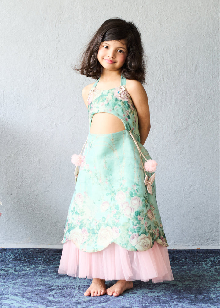 Mint Green Floral Embroidered Top With Pink Layered Hem Set