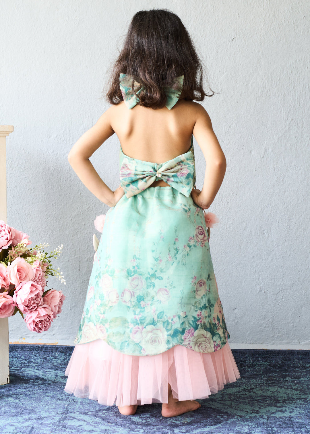 Mint Green Floral Embroidered Top With Pink Layered Hem Set