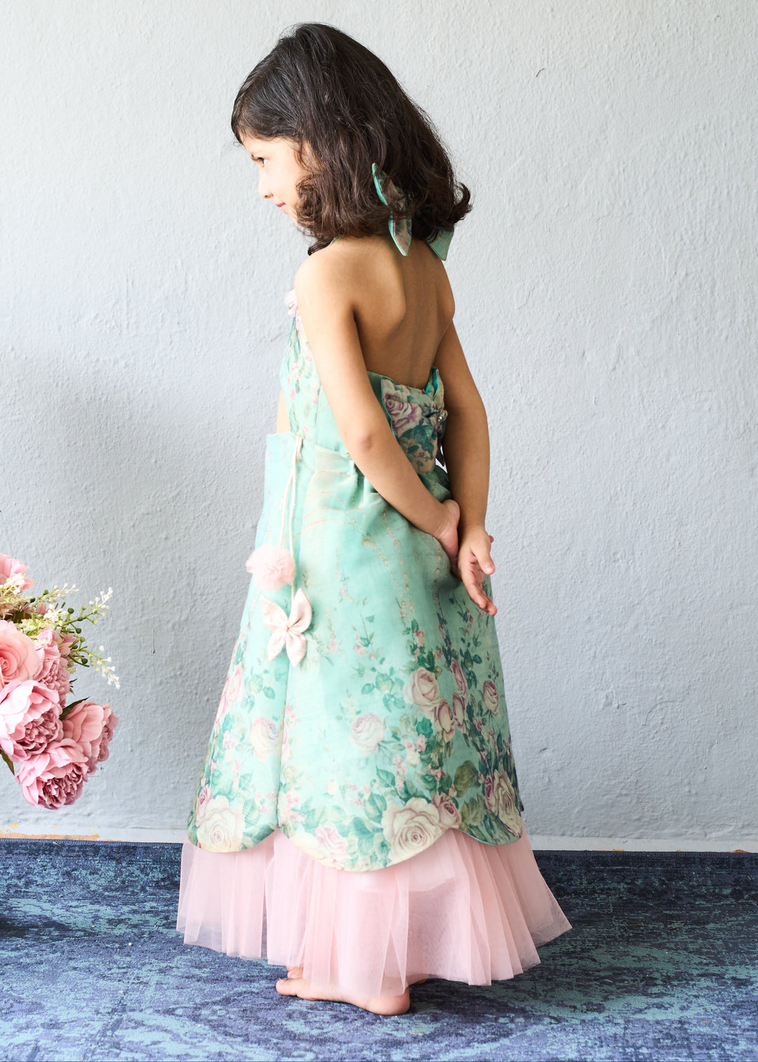 Mint Green Floral Embroidered Top With Pink Layered Hem Set