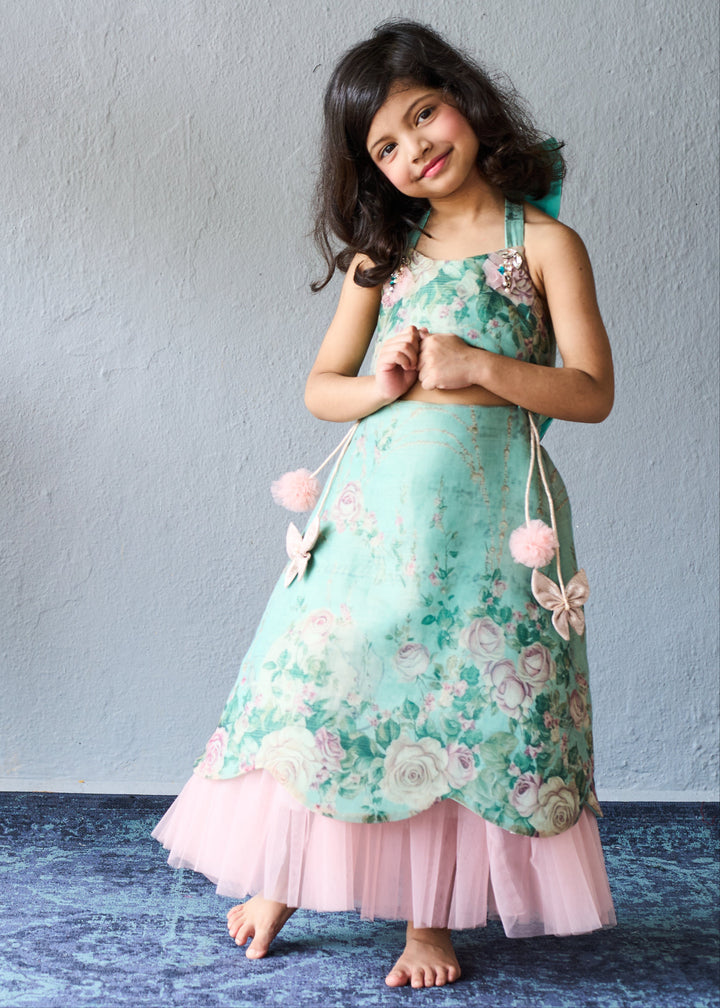 Mint Green Floral Embroidered Top With Pink Layered Hem Set