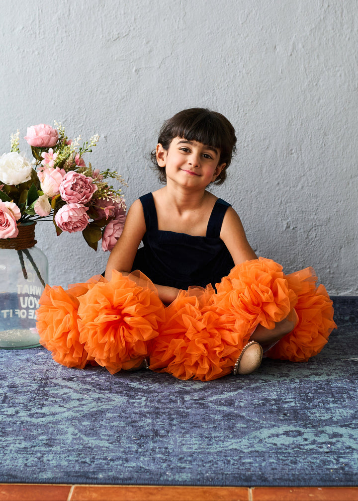 Bright Orange And Black Layered Tulle Party Dress